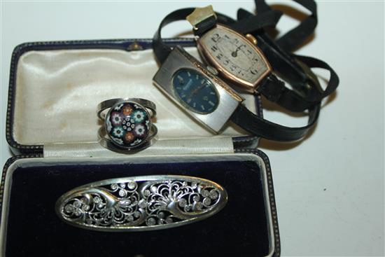 Silver filagree brooch ring & 2 ladies watches